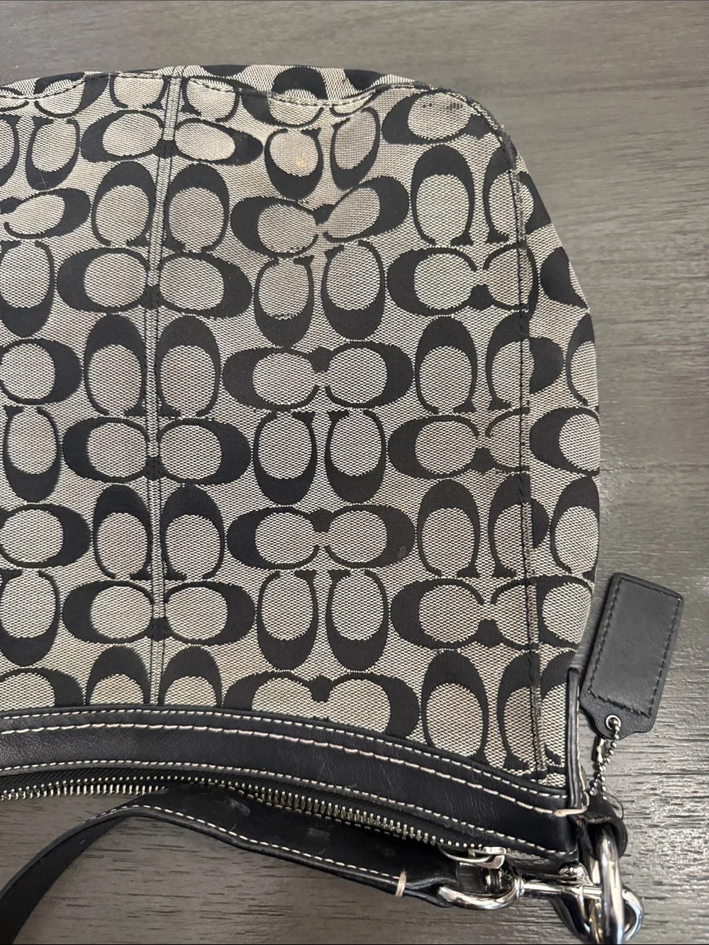 Coach Signature Jacquard Monogram Leather Trim Shoulder Bag Black Gray Medium